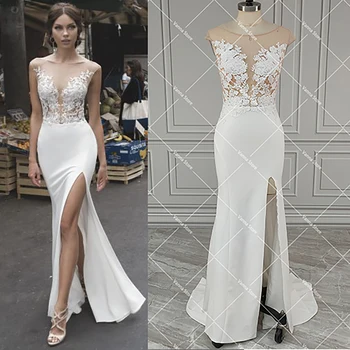 Illusion V Boyun Aplike Aç Geri gelin kıyafeti Custom Made Fırça Tren Sütun Düğmeleri Saten Yüksek Bölünmüş düğün elbisesi Artı Boyutu