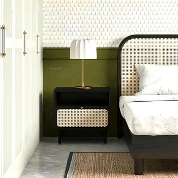 Iskandinav Ahşap Başucu Masa yatak odası mobilyası Minimalist Rattan Yaratıcı Komidin Basit Retro Depolama yatağı yan kabin