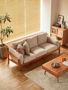 / İskandinav kiraz ahşap tüm sağlam ahşap kanepe modern basit Japon küçük aile oturma odası kumaş kombinasyonu mobilya