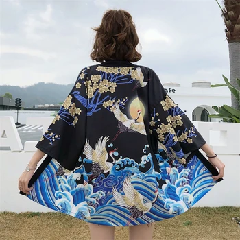 Japon Tarzı Haori Siyah Vinç Baskı Hırka Yaz Kadın Güneş Koruyucu Kimono Yukata Streetwear