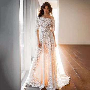 Kapalı Omuz Çiçek Dantel düğün elbisesi Kesikler Geri Yarım Fener Kollu Custom Made 2022 kristal boncuklar Bir Çizgi gelinlikler