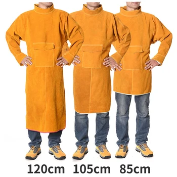 Kaynakçı Deri Kaynak Ceket Önlük 85-120cm Uzun Elbise Ceket Anti-haşlanma Alev Dayanıklı Kaynak Önlük Boyun ve Kollu