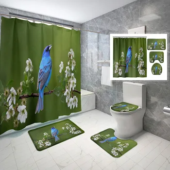 Kuş Duşu perde seti Mavi Kuş Beyaz Çiçekler 4 Adet Duş Perdesi Banyo Kaymaz Banyo Paspas Tuvalet Kapağı Duş perde seti