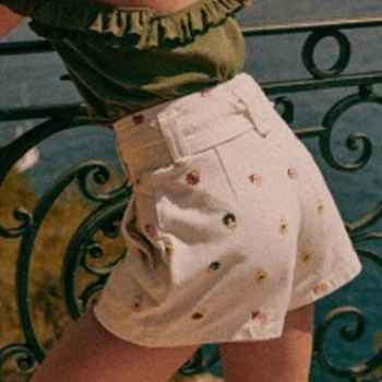 Kürek Ayna Çiçek Grafik Nakış Kemer Pamuk Şort Kadın Gevşek Rahat Kısa pantolon Yeni 2023 Tüm Maç Bayanlar kısa pantolon