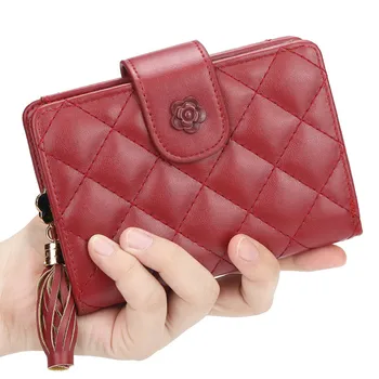 Lıngge Kadın Cüzdan Kısa Düz Renk Çiçek Çile bozuk para çantaları Kadın Püskül Fermuar Pu Deri kredi kart tutucu el çantası