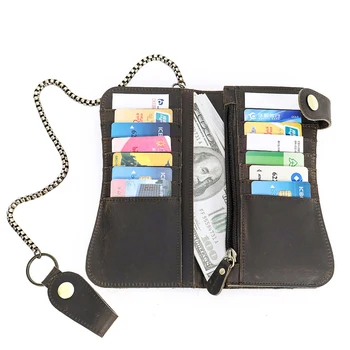 Moda hakiki deri telefonu çanta cüzdan uzun çanta vintage stil ile demir zincir klip cüzdan uzun cüzdan fermuar çanta için adam