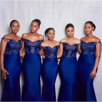 Moda Kraliyet Mavi gelinlik Modelleri Aplikler Mermaid Kapalı Omuz Uzun Düğün Parti Elbise
