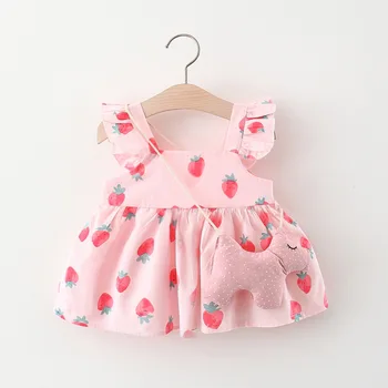 Moda Sevimli Baskılı Çilek Elbise Kore Tarzı Uçan Kollu Elbise + Çanta bebek kıyafetleri Yaz Çocuk Kız Elbise 2023 Yeni