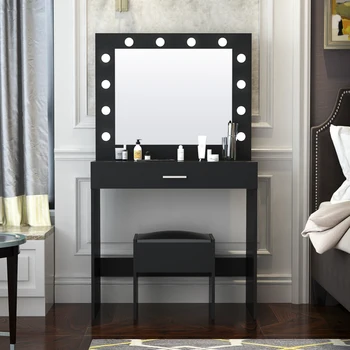 Modern Tasarım Yatak Odası Makyaj Tuvalet Masası ile 12 LED Ampuller ve Dışkı,Yatak Odası ve Soyunma Odaları için Uygun, Siyah