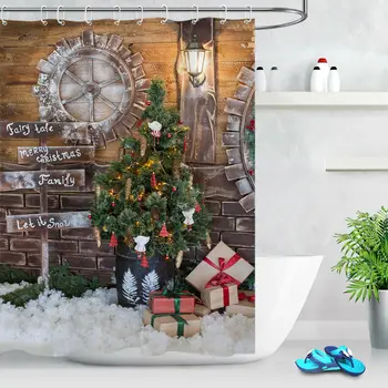 Noel ağacı hediye kutuları Rustik ahşap duvar Retro dişli kumaş duş Perdesi