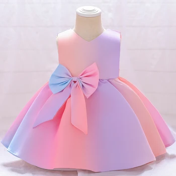 Renkli Degrade Bebek Kız Elbise Yaz 1st Doğum Günü Pembe Yay Parti Prenses Çocuklar Kızlar için Elbiseler Nedime Vaftiz Kostümleri