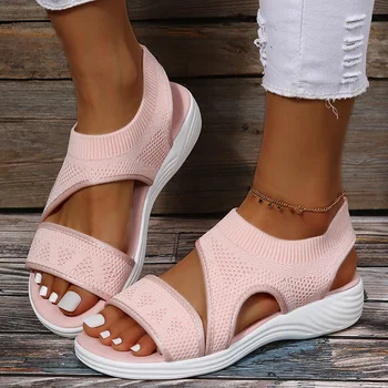 Sandalet Kadın Yaz 2023 Streç Kumaş Yaz Sandalias Mujer Düşük Topuklu düz ayakkabı Kadınlar İçin Rahat Kayma Lüks Sandalet