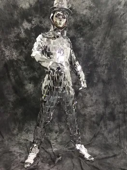 Seksi Erkek Şarkıcı Pullu Bodysuits ds Lens Eğik Gümüş Yıldız Ayna Kostüm Erkek Performans Dans Gösterisi Bodysuit Şapka ile