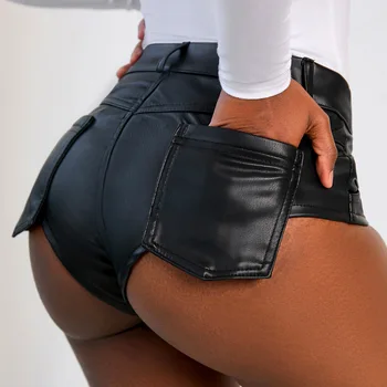 Seksi Ganimet Şort Kadın 2023 Yüksek Bel Deri Şort Siyah Kulübü Kadın Giysileri Pantalones Cortos Şort Feminino Ücretsiz Kargo