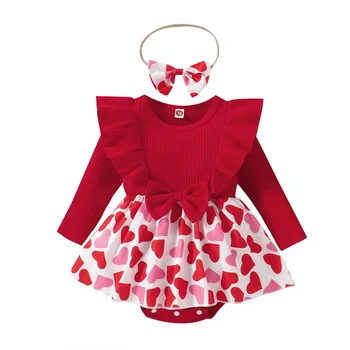 Sevgililer Günü Romper Bebek Bebek Kız Kıyafet Tatlı Bebek Uzun Kollu Kalp Baskı Fırfır Tulum Kafa Bandı Elbise 0-24M