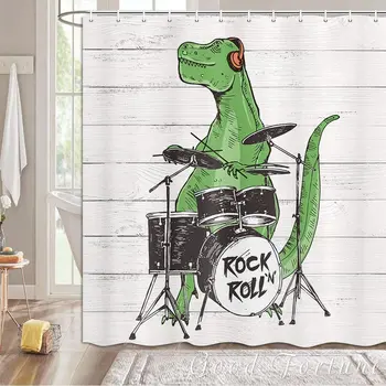 Sevimli Dinozorlar Oynarken Müzik Davul, Su Geçirmez Polyester Kumaş Duş Perdeleri, Banyo Dekor