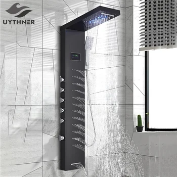 Siyah / Fırçalanmış Banyo Duş Musluk LED Yağış Başlığı Duş Paneli Seti küvet mikseri Dokunun El Püskürtücü İle Sıcaklık Ekran