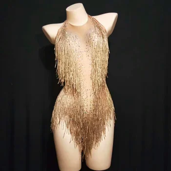 Sparkly Rhinestones Saçaklar Bodysuit Kadın Gece Kulübü Kıyafeti Glisten dans kostümü Tek parça Dans Giyim Şarkıcı Sahne Leotard