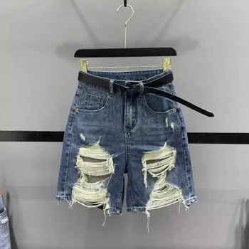 Streetwear Yırtık Delik Kot şort Kadın Yaz Yüksek Bel Gevşek Rahat Düz kısa kot pantolon hiçbir belts574