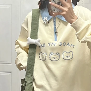 Xgoth Japon Sevimli Nakış Gömlek Kontrast Yaka Kazak Kadın Sonbahar Tiki Grunge Gevşek Kawaii Kız Uzun kollu Üst