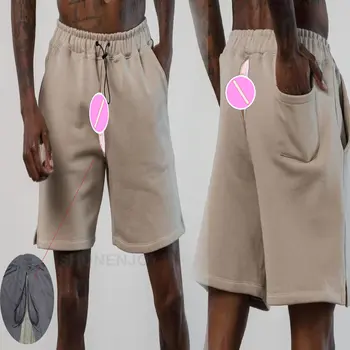 Yaz Pamuk Spor Şort Görünmez Açık Koltuk Pantolon Erkekler için Orta Bel Rahat Şort Kulübü Açık Seks erkek Giyim Sweatpants
