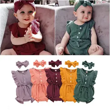 Yaz Yenidoğan Bebek Bebek Kız Romper + Kafa Bandı Muslin Kolsuz Tulum Çocuklar Tek Parça Moda Bebek Giyim Takım Elbise