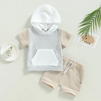 Yaz Yürüyor Çocuk Bebek Erkek Kız Elbise Waffle Patchwork Renk Kısa Kollu Hoodies Tişörtü + İpli Şort Kıyafetler