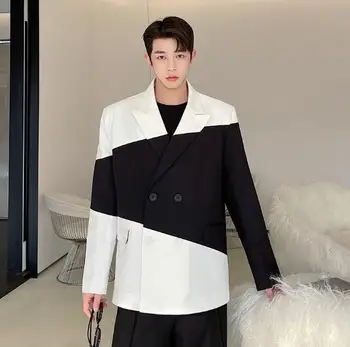 Yeni Bahar Sonbahar erkek Takım Elbise Akademik Tarzı Siyah beyaz dikiş Rahat Uzun Kollu Gevşek Pamuk Karışımı Takım Elbise Ceket ABB172
