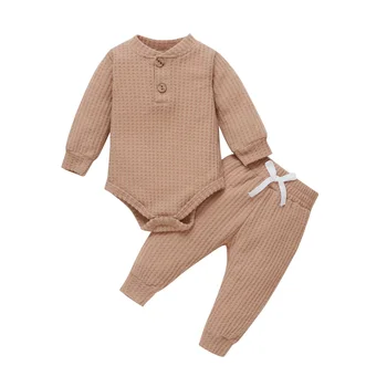 Yeni Bebek Kız İki parçalı Giysi Seti, Düz Renk Yuvarlak Yaka Romper ve Elastik Bel Pantolon