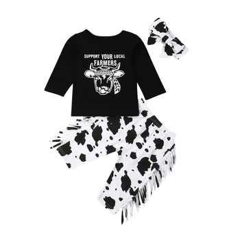 Yenidoğan Bebek Kız Erkek Rahat Giysiler Setleri Uzun Kollu Mektup İnek T-Shirt Püsküller Pantolon Kafa Bandı 3 ADET Kıyafetler