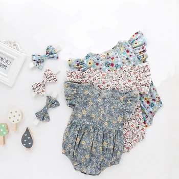 Yenidoğan Bebek Kız yaz giysileri 2 Adet Çiçek Bodysuit Bantlar Seti Sinek Kollu Bodysuits Kafa Bandı ile 0 - 24M Bebekler