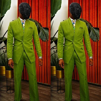 Yeşil erkek Takım Elbise Özel 2 Adet Blazer Pantolon Bir Düğme İnce Hiçbir Yaka İş Parlak Düğün Damat Özel Artı Boyutu