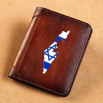 Yüksek kalite hakiki Deri Erkek Cüzdan Vintage Haritası İsrail Bayrağı Kısa kart tutucu Çanta Üç Katlı erkek Cüzdan BK3649