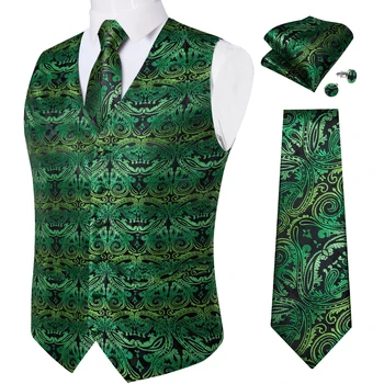 Zarif Jile Homme erkek Yeşil Paisley Yelek Kravat Mendil Kol Düğmeleri Seti İş Moda Yelek V Yaka Erkek Yelek