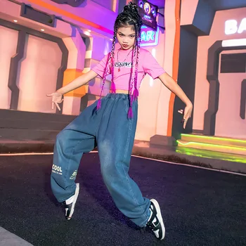 Çocuk Hip-Hop Giyim Kız Yaz Yeni Pembe Crewneck Mektup T-shirt Kırpma Üstleri Mavi Elastik Bel Kot 2 adet Dans Kostümleri