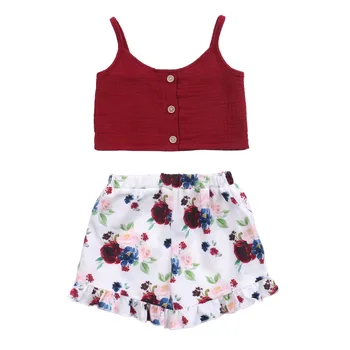 Çocuklar Bebek Kız Moda 2 parça Kıyafet Seti Kolsuz Düz Renk Üst ve Çiçek Baskı şort takımı Rahat Takım Elbise
