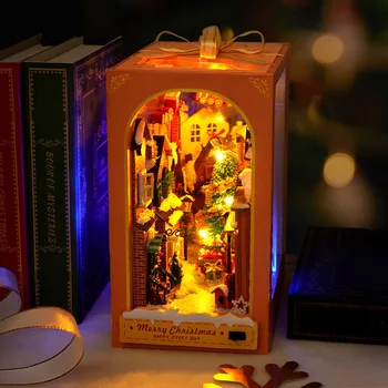 Dıy Ahşap Kitap Nook Raf Ekleme Kiti Minyatür Merry Christmas Kitaplık Noel baba'nın Yazlık Dollhouse Bookend Oyuncaklar Arkadaşlar Hediyeler