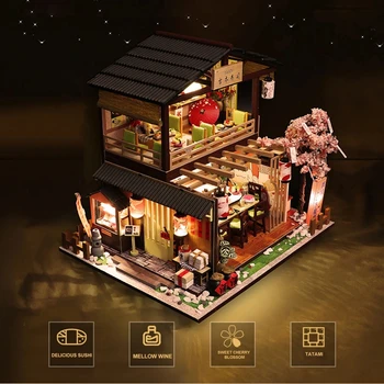 Japon Suşi Bar Restoran Ahşap DIY Modeli Minyatür Bina 3D Ahşap Dollhouse Oyuncak Mobilya Çocuk Oyuncakları Doğum Günü Hediyeleri